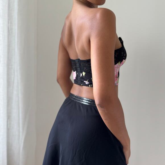 Vintage 90s Italian Black Floral Bustier Crop Top with Lace Trim (S, C cup) - Picture 3 of 12